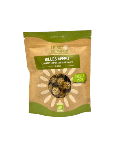 Billes apéro Carottes, cumin et sésame 100g en sachet - Le Bio de Manon Peynier Billes apéro Carottes, cumin et sésame 100g en sachet - Le Bio de Manon Peynier